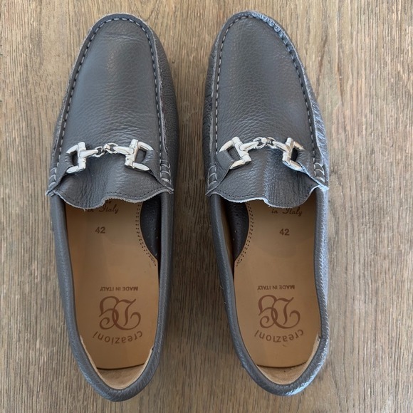 Creazioni Italian Gray Pebble-Grain Leather Driving Loafers-Silver Horsebit-Sz 9 main image 5
